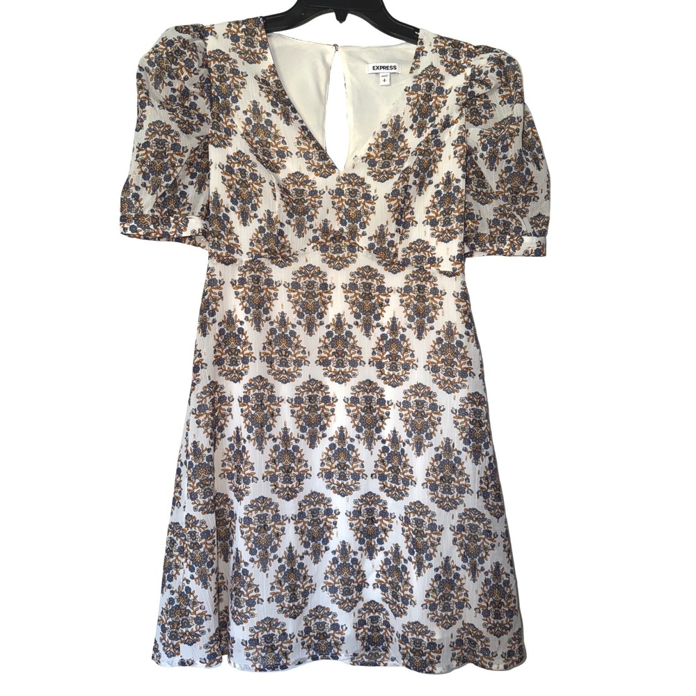 Express Damask Floral Puff Sleeve Mini Dress White Blue Orange Shimmer Small